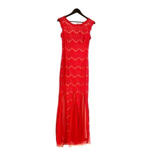 Betsy & Adam Red Lace Formal Gown